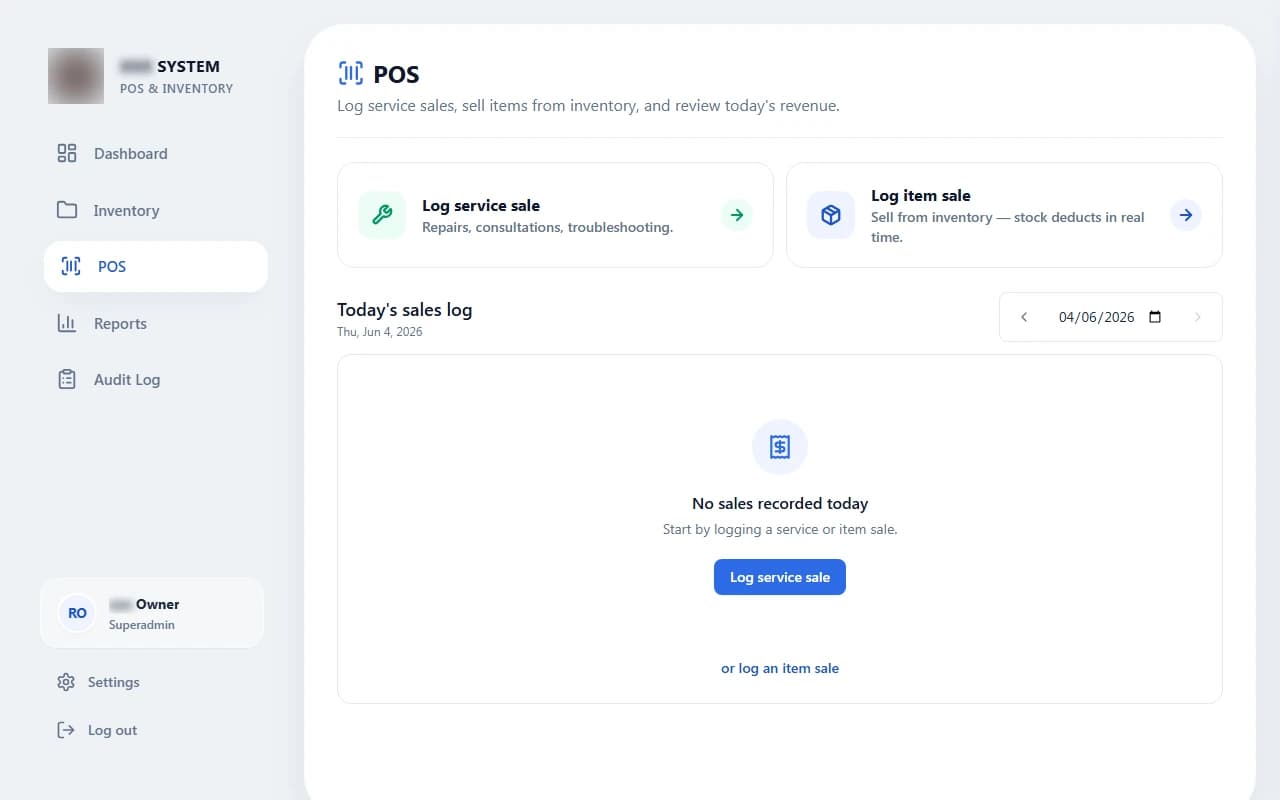 Retail POS & Service-Log Platform interface preview